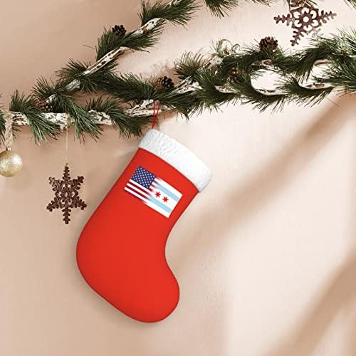 Американско знаме и знаме на Чикаго Божиќни чорапи, подароци за одмор на Божиќни празници за украси за семејни празници 18-инчни