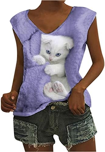 Женска кошула 3Д мачка за печатење на мачки врвови обични графички маички врвни летни маици без ракави со v-вратоврски миленичиња