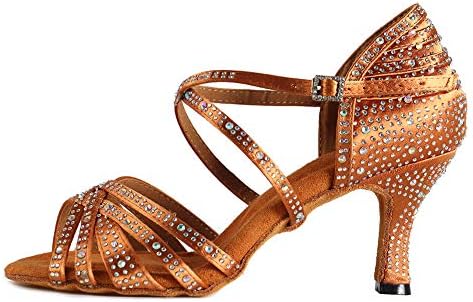Hiphенски латински танцувачки чевли со хипосеус со Rhinestones Ballroom Party Tango Performance Shoes Висока пета 7,5 см, модел L377, бронза,