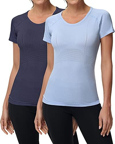 2 парчиња жени со кратки ракави за тренингот Беспрекорен тренингот за вежбање врвови опремени врвни спортски јога атлетски кошула врв