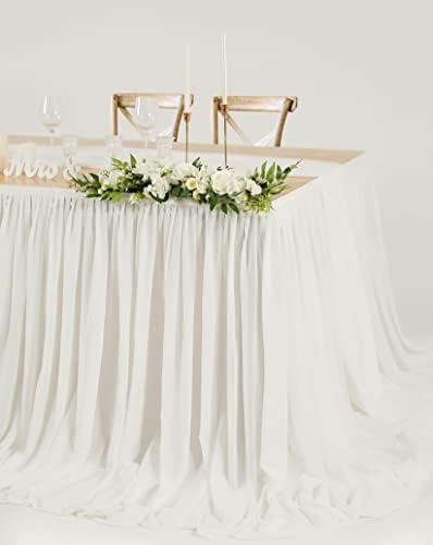 Mohoeey 14ft Екстра долга бела шифонска маса здолниште со здружение на тавали за свадба, роденден и украси на маса за торта