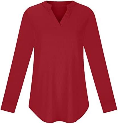 Womenенски долги ракави ленти со ребрести блузи 2023 пролет трендовски обичен v врат цврста боја лабава тунична врвови