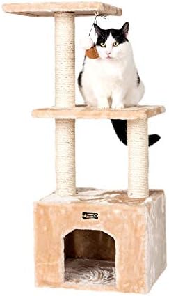 Армаркат 3-Ниво Мачка Дрво Вистински Мебел Од Дрво Со Столб За Скратување На Сисал, Беж, 16 х 14 х 39