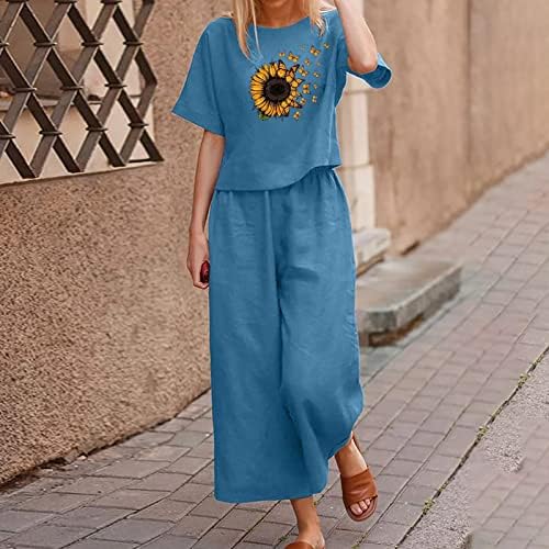 2 парчиња облека за жени летни обични памучни постелнини широки панталони и маички поставува кратки ракави удобни лабави чисти