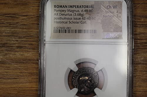 Античка Римска Сребрена Монета Од Денариус Стара 2000 година, 42 П. Н. Е. Помпеј Велики, Избор НА НГЦ Многу Добра Состојба
