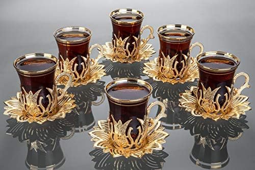 Ламодахоме Златен Чај Сет од 6-Вклучува 6 Чаши, 6 Носители На Чинии-Вип Специјална Служба турски Лале -abпски, Марокански Кафе Сетови-Машина За