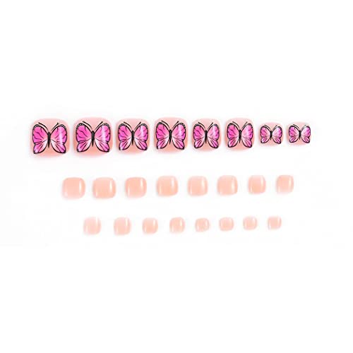 Сетекси Гола Боја Притиснете На Ноктите На Прстите Дизајн На Розова Пеперутка Акрилни Лажни Нокти На Нозете Сјајни Вештачки Нокти за