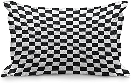 Checkers Ambesonne игра ватиран перница, геометриски мрежен стил монохроматски квадрати во традиционалниот дизајн на табли за игри, стандардната