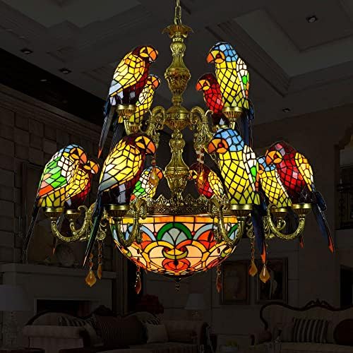 Yhqsyks лустер вина стакло во тифани ламба стил висина ламба голема суспензија 12 папагал класичен гроздобер лустер за внатрешна декорација