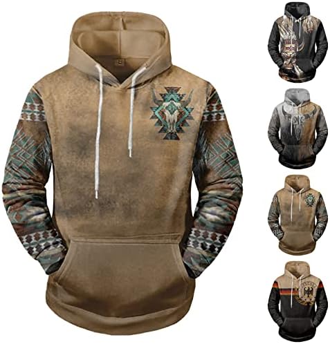 Fireero Sweatshirts For Men 2023, машка западна Ацтек племенска џемпер етнички печатени графички џебни џебни пуловер врвови