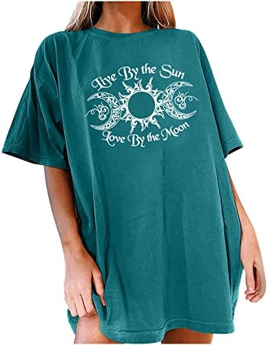 Женски врвови фустани обични блузи со тркалезна вратна месечина печатени летни врвови лабави врвови со кратки ракави долга линија преголема маица