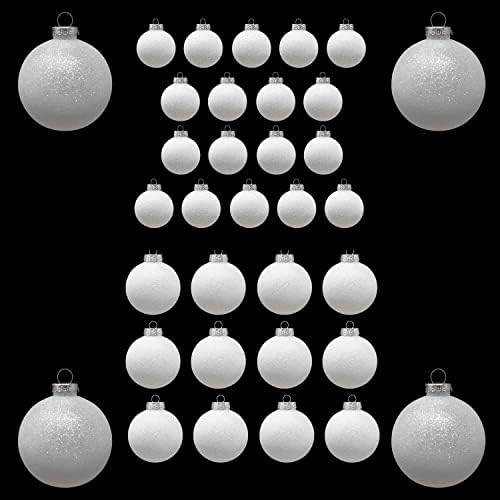 Земачки 34pk Бели Божиќни украси пакет, сет, украси за украси на дрвја, распрскувани отпори