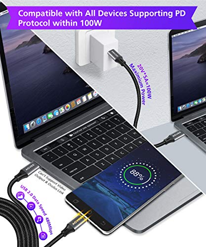 Agvee 100W USB-C до USB-C кабел 2 пакет 6.6ft Платен Брз тип-Ц на C полнач, USBC 2.0 CTOC со е-маркер, PPS PD 3.0 за полнење кабел за MacBook Pro