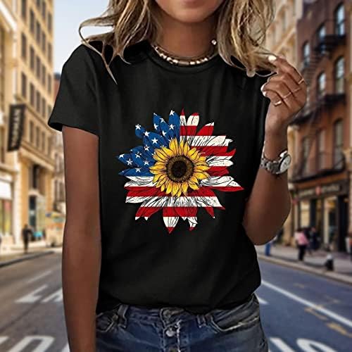 САД 4-ти јули жени летни врвови 2023 3/4 ракав Ден на независност Блуза О вратот Обичен летен маица за жени лето