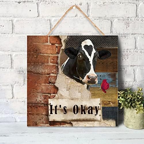 Во ред е дрвен знак 8x8in кравја цветна фарма животни масло за сликање дрвени wallидови украси инспиративни подароци идеја фарма куќа стил рачно