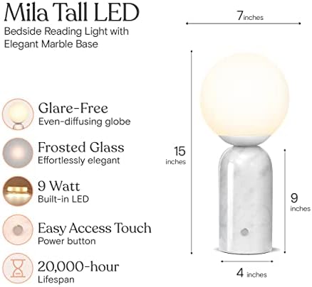 Brightech Mila Thall LED ламба за маса - светло за читање покрај креветот со елегантна мермерна база, сенка на глобусната ламба - модерна биро