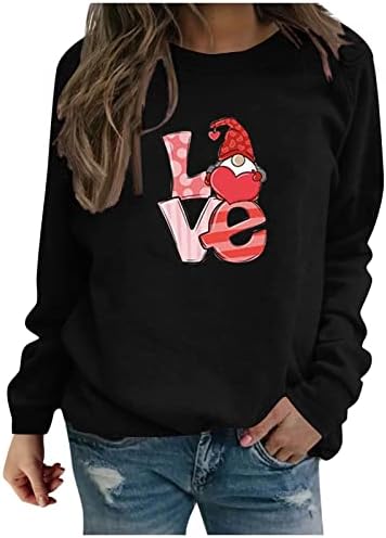 НОКМОПО Џемпер Женска Женска Мода Секојдневен Долг Ракав Денот На Вљубените Печатење Тркалезен Врат Пуловер Дуксери Врв