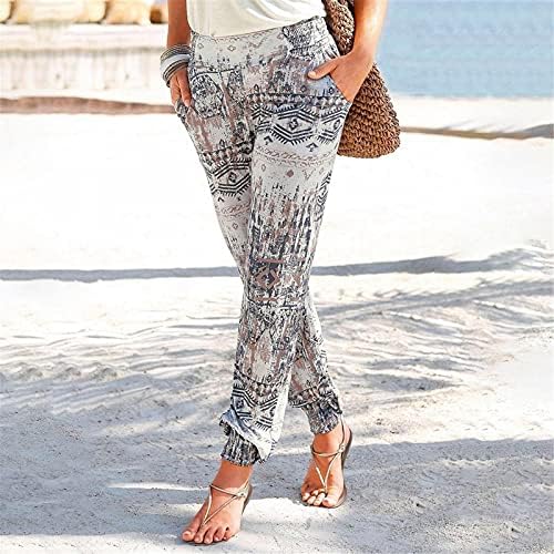 Женски Панталони Трендовски Карго Жени Удобни Џебови За Печатење Со Висок Струк Панталони Бохо Панталони На Плажа