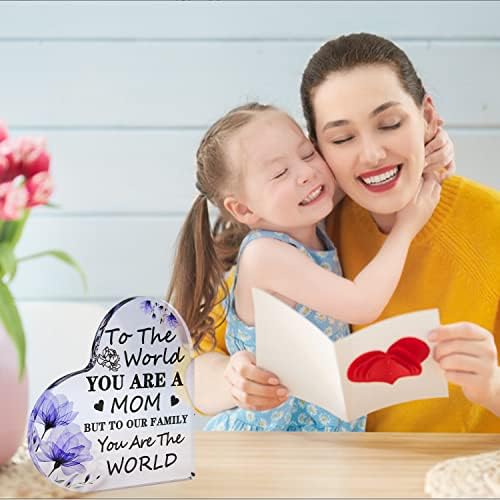 Подарок за Мајка Од Ќерка Син, На Светот Сте Мајка, Но На Нашето Семејство Сте Светот, Јасен Акрилен Знак Во Облик На Срце Стојат За Мама Маќеа Свекрва Роденден Мајки