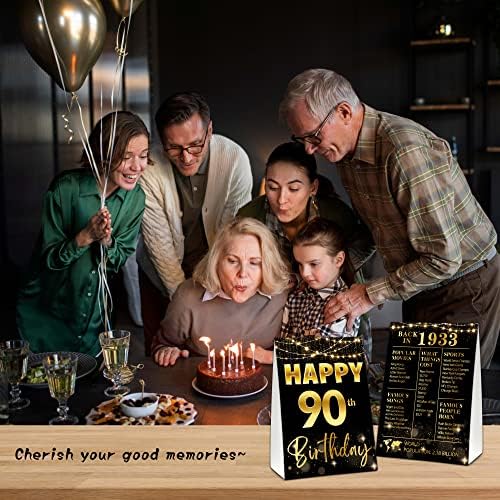 90 -ти знак на маса за роденден, црно и злато уште во 1933 година украси за роденденска забава, гроздобер роденденски подароци за жени мажи,