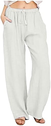 FQZWONG lенски еластични памучни постелнини со високи половини со џебови летни обични пријатни лабави пантацо панталони салон панталони