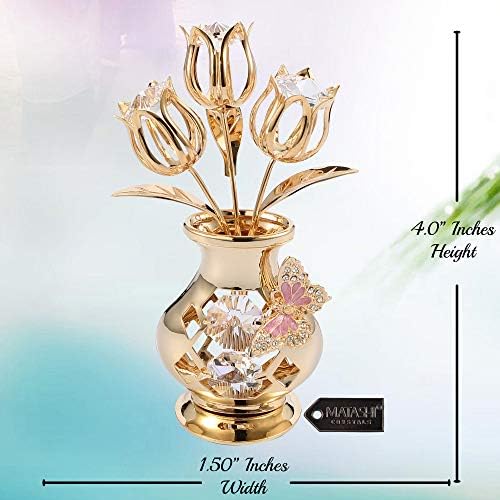 Подарок за мама - Маташи 24к злато позлатен кристал со цветен букет во вазна со декоративна таблета за пеперутка совршен украс подарок за