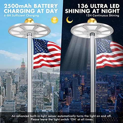 PPQ Flag Pole Светло соларно напојување, Премиум Слоен коска со знаме на светло 136 LED 10000H LifeSpan за 15-25 стапки на столбови,