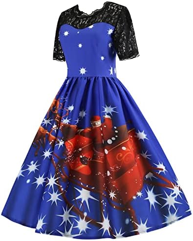 Женски Гроздобер Коктел Фустани Од 1950-тите Божиќни Кратки Ракави Смешни Печатени Празнични Нишалки Фустан За Забава За Жена