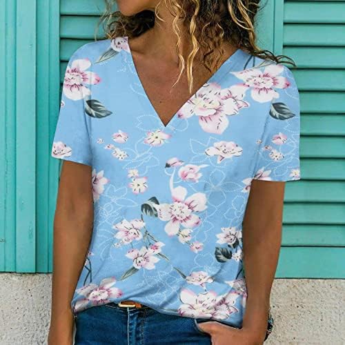 Кошули за жени трендовски 2023 случајни цветни печатени маици со кратки ракави лабави плус големина врвови V-вратот на летни