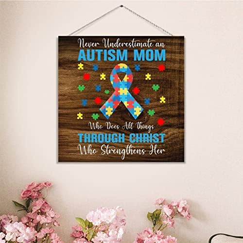 Никогаш не потценувајте аутизам мама дрвена знак за подигнување на свеста за аутизам, аутистична поддршка Декоративна плакета што виси wallидна