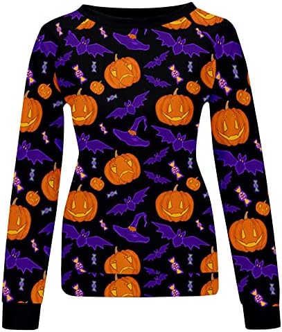 Women'sенски долги ракави пулвер врвови на Ноќта на вештерките, графички печатени џемпери, случајни смешни џемпери лабави пулвер