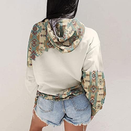 Mrgiinri женски ацтеки худи геометриски џемпер за печатење 2022 блок во боја на долги ракави пулвер, џемпери за џебови со џебови