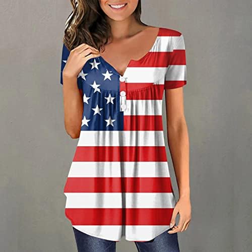 4 -ти јули во САД знаме Туника на врвови за жени стомак, криење на кошулата лето секојдневно копче за кратки ракави на кратки ракави нагоре