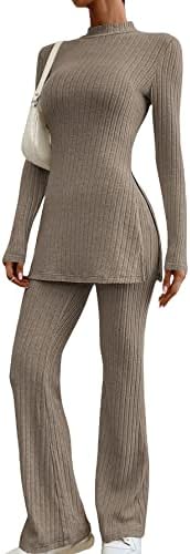 Makemechic женски облеки од 2 парчиња ребрести плетени долги ракави сплит кошула и панталони за хеланки