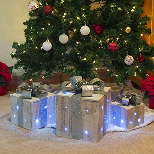 Алпска корпорација 3-парчиња дрвена кутија за подароци Божиќен декор со LED светла, сребро