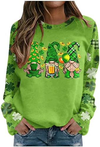 Три гном графички џемпер за жени зелени кошули Детелина печатена обична лабава облека дами пулвер врвови