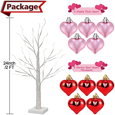 2 пакувања прелитни бели бреза дрво -2ft дрво од в Valentубените со 10 розови и црвени украси во форма на срце, 24 топло бело LED, управувана батерија,