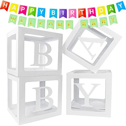 Кутии за бебиња со Букви За Туш За Бебиња, 4 ПАРЧИЊА Проѕирни Балонски Кутии и Транспарент За Среќен Роденден Знаме За Добредојде