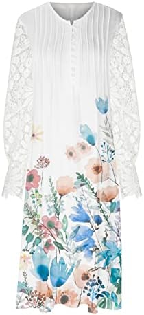 Летни макси фустани за жени бохо цветни печатени фустани со долги ракави секси V вратот чипка, шупливо копче долги фустани