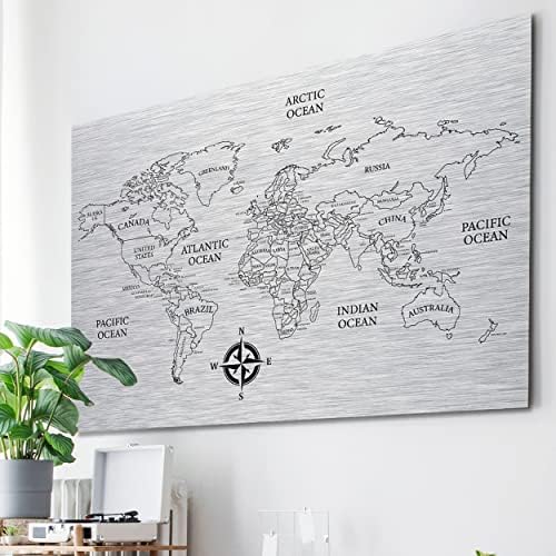 Bulljive Brands Premium Metal Brebured Silver World Map Wallидна уметност | 5 големини големи до мали | Светски декор за мапи за дневна