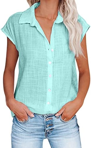 Женски ленени кошули врвови лето модно копче нагоре пулвер лента блуза лабава вклопена маица со долг ракав