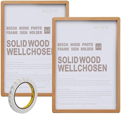 Sutine A4 Beech Wood Smage Frame 8.5 x 11, 2pack акрилна самостојна леплива рамка за постери, двострана рамка за документи со лепило од