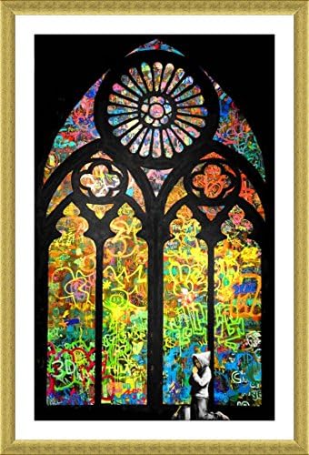 АЛОНЛИН АРТ - Катедрала за прозорец со витраж од страна на Банкси | Златна врамена слика отпечатена на памучно платно, прикачена на таблата