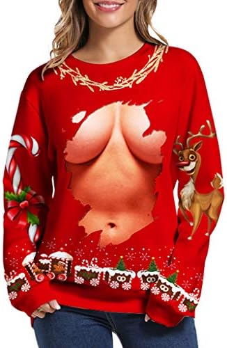 Womenените плус големина џемпери со големина преголема лабава симпатична облека од џемпер од руно, смешна Божиќна печатена маица карирана