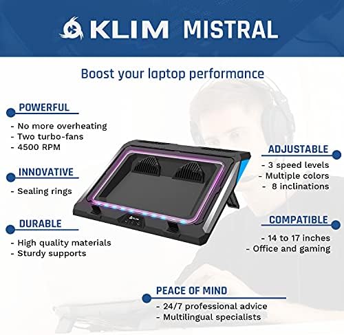Подлога за ладење на лаптоп Klim Mistral, моќен турбо-FAN 4500 вртежи во минута лаптоп и заштити сини очила за блокирање на сина