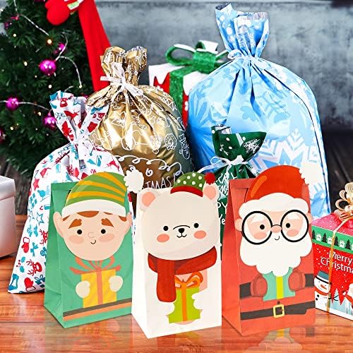 Uptotop Божиќ Бонбони Кеси, 24 Пакет 2d Божиќ Третираат Кеси со 6 Избрани Дизајни, Божиќ Крафт Хартија Кеси За Одмор Колачиња Бонбони