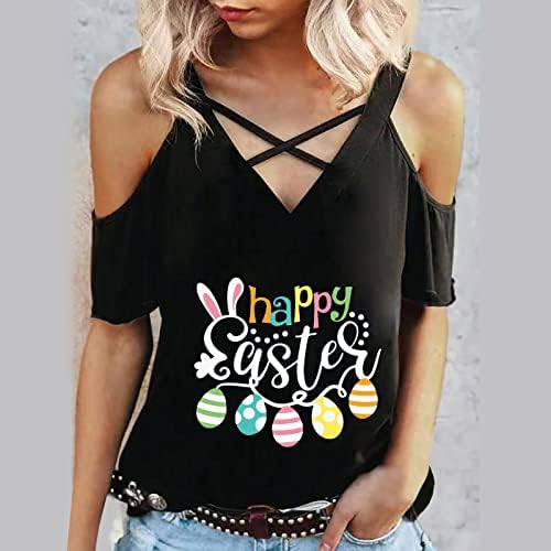 Надвор од рамото Велигденска кошула за жени со кратки ракави со кратки ракави со вратот со вратот, печатени обични блузи, вкрстени