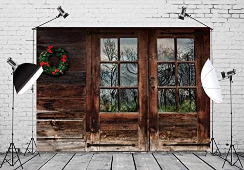 Белеко 10x8ft ткаенина Божиќна кабина фотографија позадина рустикална дрвена куќа со Божиќ гранџ гранџ врата прозорец поглед на