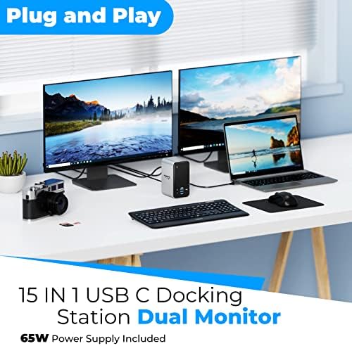 USB C Докинг Станица Двоен Монитор, 4URPC 15 во 1 Лаптоп Докинг Станица Двојна HDMI, VGA, USB C Пристаниште СО 65w Испорака На Енергија,