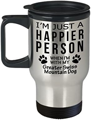 Куче Љубовник Патување Кафе Кригла-Посреќна Личност Со Поголема Швајцарски Планински Куче-Миленичиња Сопственик Спасување Подароци